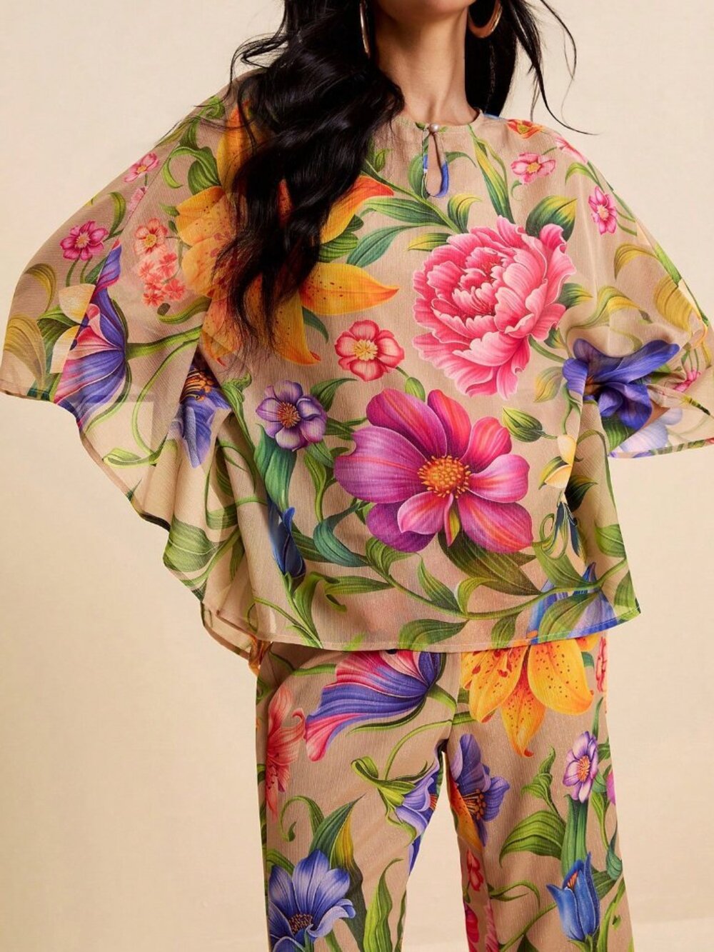 Khaki Boho Women's Tropical Floral Printed Blouse and Pants 2-Piece Set - Picture 7 of 9